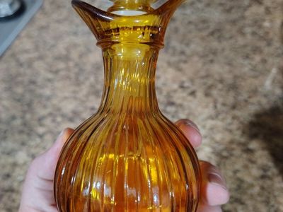 Vintage Amber Ribbed Glass Perfume Decanter Bottle with Stopper