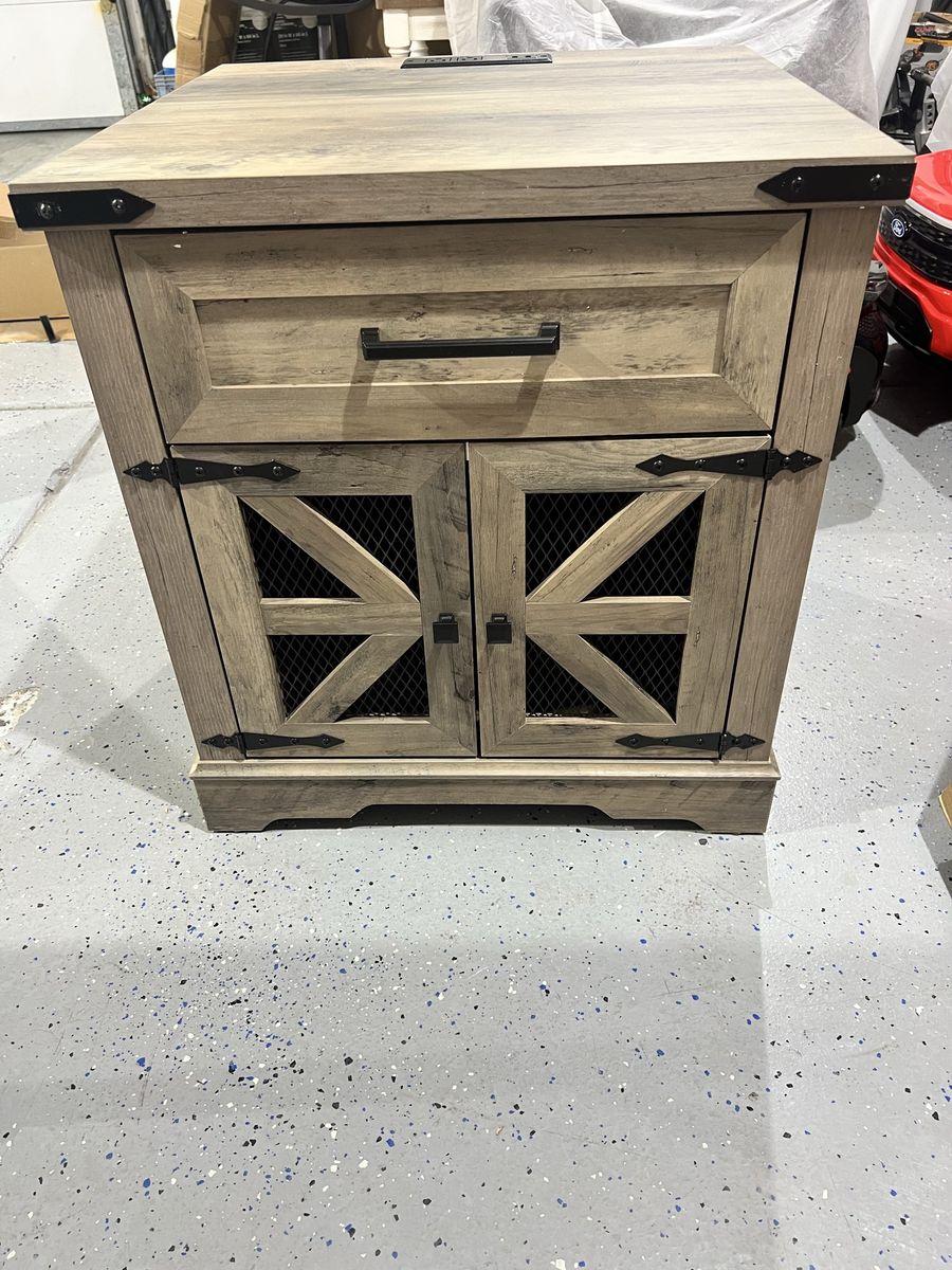 Farmhouse Nightstand with Charging Station, 1 Drawer, 2 Cabinets - Rustic Gray Finish