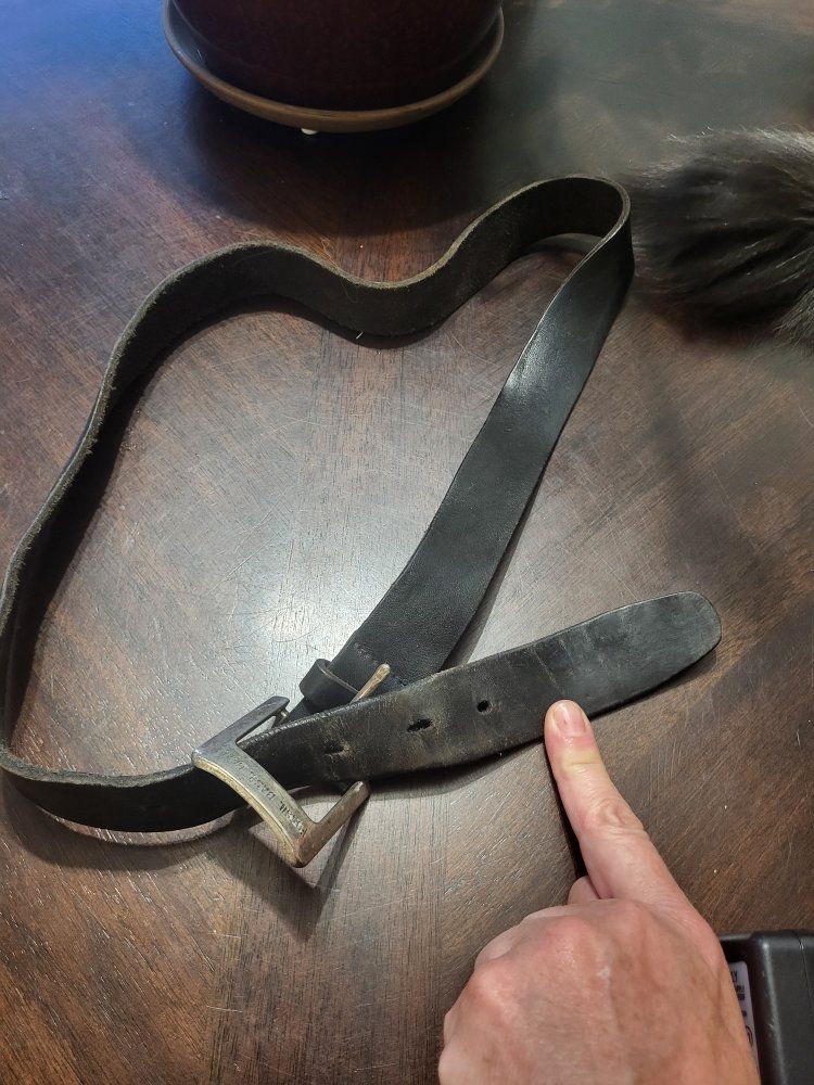 Fossil brand Used Black Leather Belt with Unique Metal Buckle - 34" Length, 2" Width