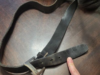 Fossil brand Used Black Leather Belt with Unique Metal Buckle - 34" Length, 2" Width
