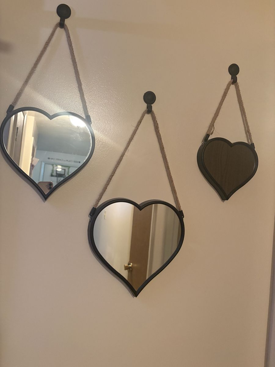 Set of 3 Heart-Shaped Hanging Wall Mirrors with Rope Hangers