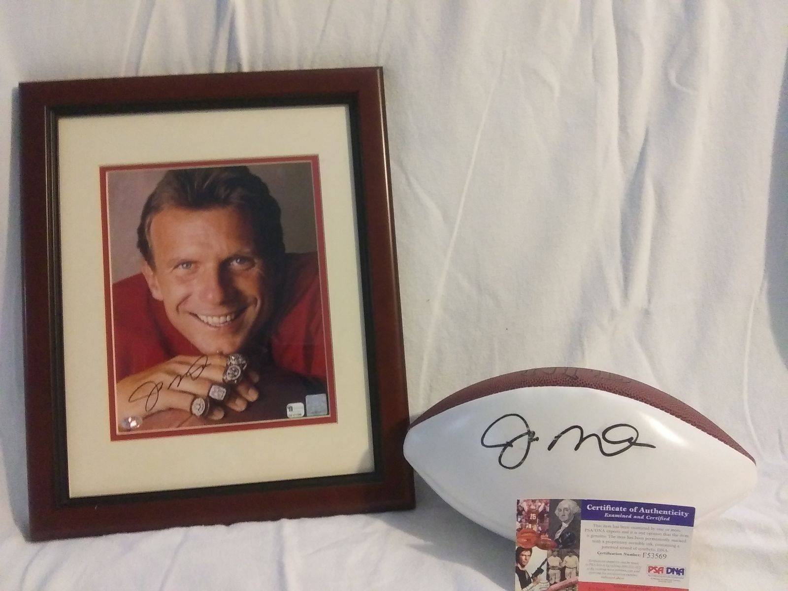 Joe Montana Signed Football and Framed Picture.