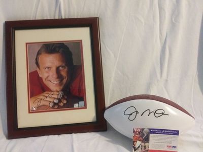 Joe Montana Signed Football and Framed Picture.