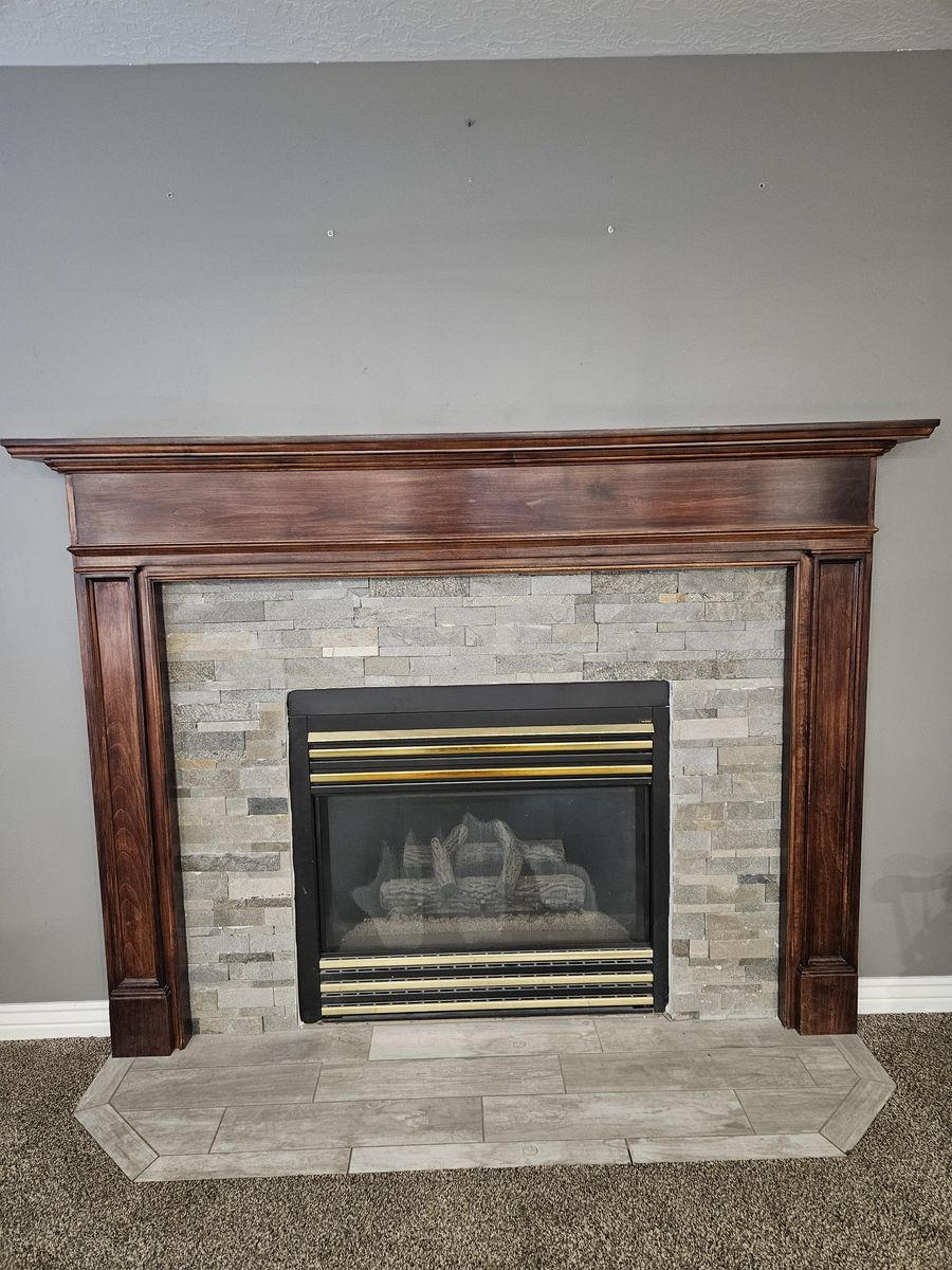 Dark Wood Fireplace Mantel and Gas Fireplace Insert Set
