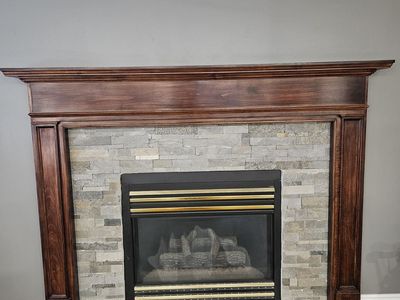Dark Wood Fireplace Mantel and Gas Fireplace Insert Set
