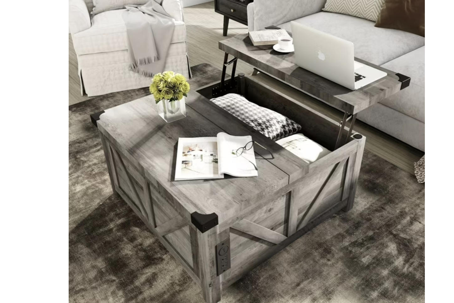 New in Box 35.6" Square Lift Top Coffee Table, Farmhouse Coffee Table with Storage & Charging Ports