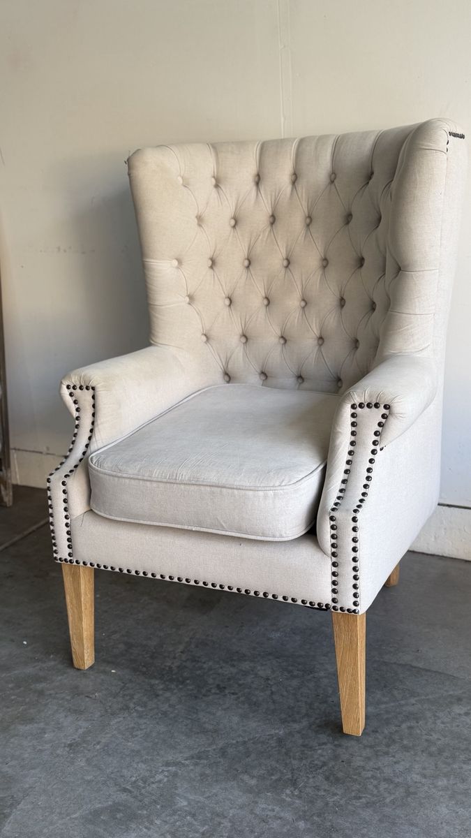 Beige Fabric Tufted Wingback Accent Chair with Nailhead Trim