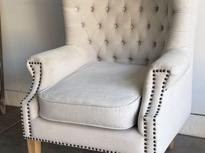 Beige Fabric Tufted Wingback Accent Chair with Nailhead Trim