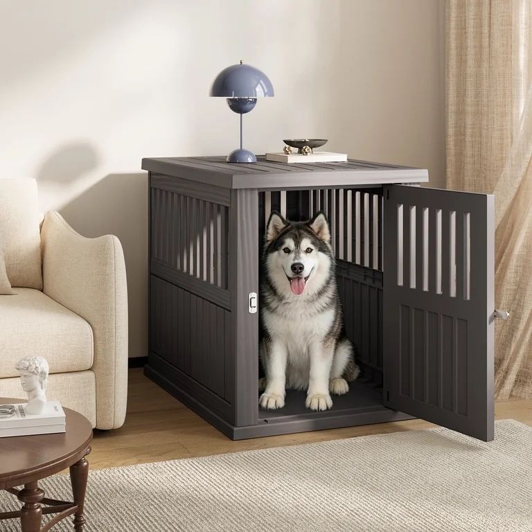 Furniture-Style Dog Crate & End Table - Pet's Safe Space & End Table, Noise-Dampening, Gray never used