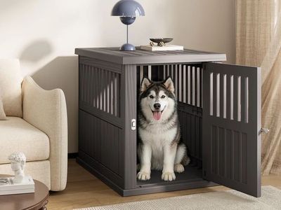 Furniture-Style Dog Crate & End Table - Pet's Safe Space & End Table, Noise-Dampening, Gray never used