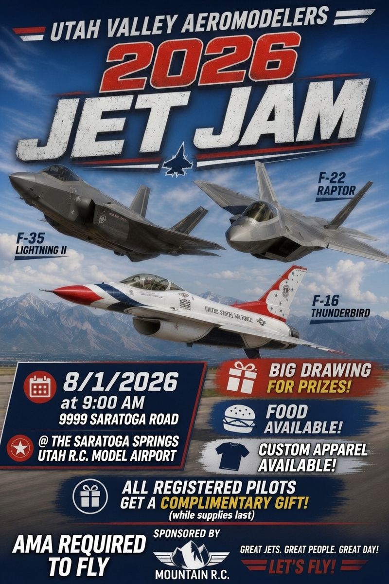 Utah Valley Aeromodelers 2026 Jet Jam Event - Model Aircraft Show, Prizes, Food, Apparel