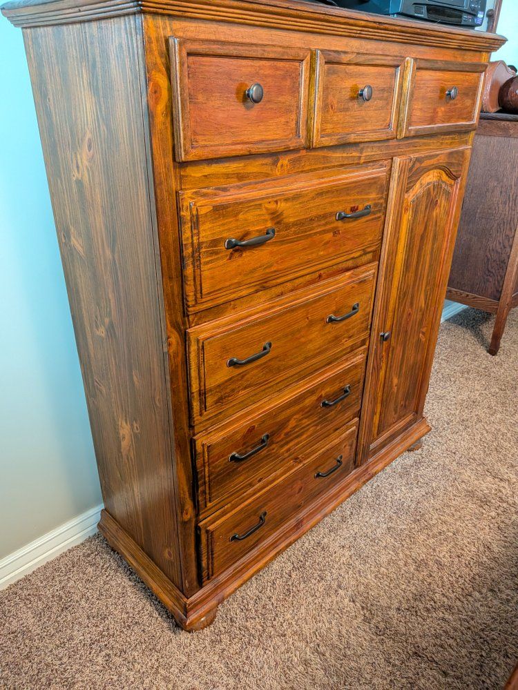 Solid Wood Armoire Dresser with 8 Drawers and Cabinet Storage - Rich Brown Finish
