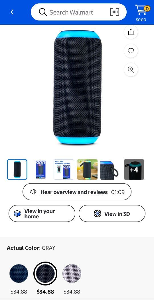 Onn. Medium Rugged Speaker with LED Lighting Gray