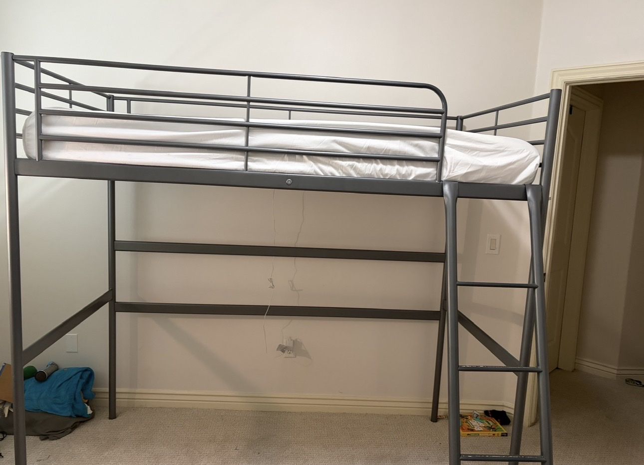 Metal Loft Bed Frame - Gray Twin Size with Ladder