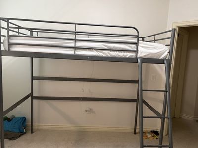 Metal Loft Bed Frame - Gray Twin Size with Ladder