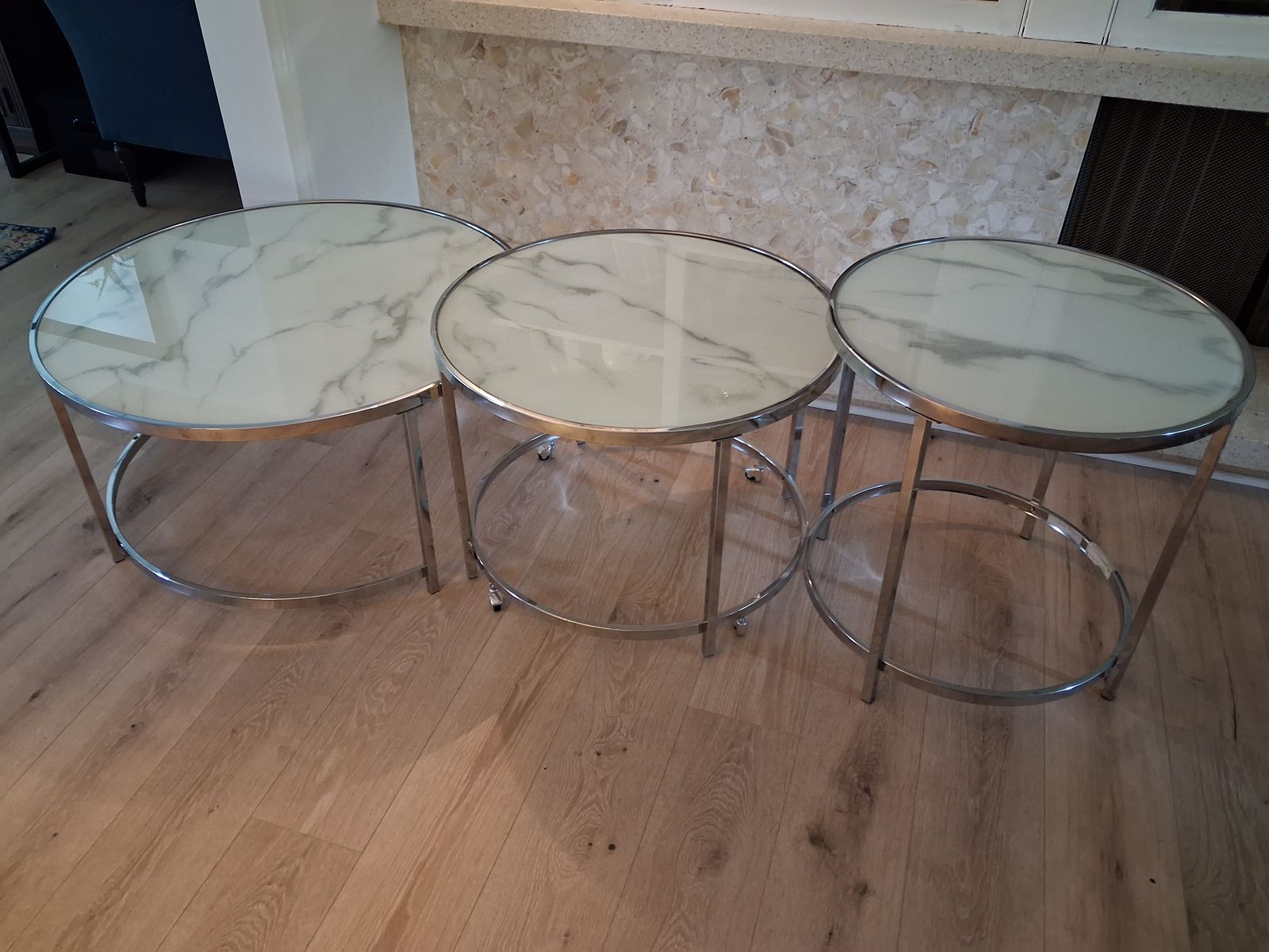 3-Piece White Marble-Style Coffee & End Table Set