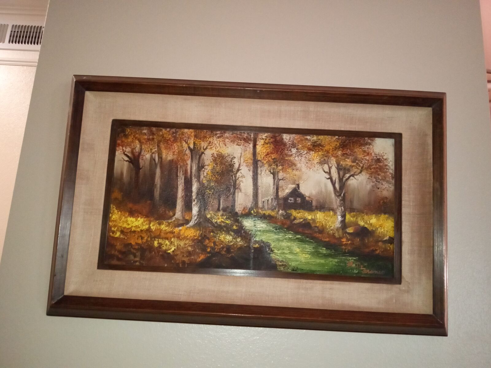 Fine art oil on canvas matted framed signed autumnal cabins in the woods a river runs through it by De Franco 17"x26"