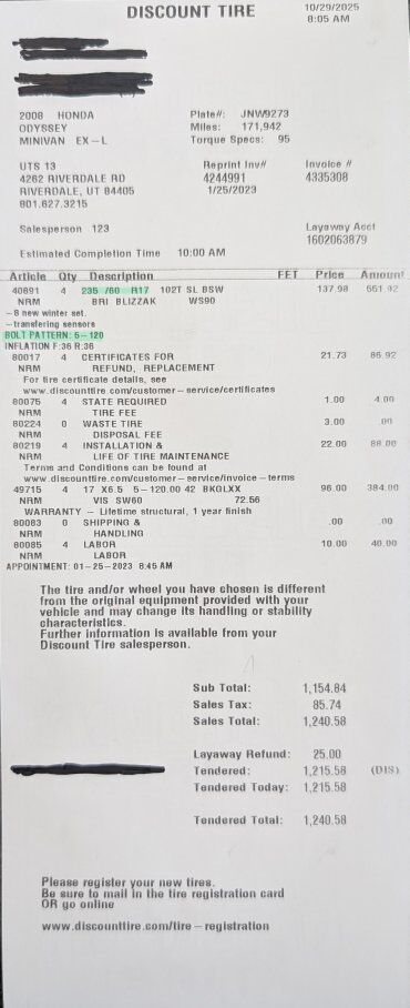 Winter tires w/ wheels for Honda