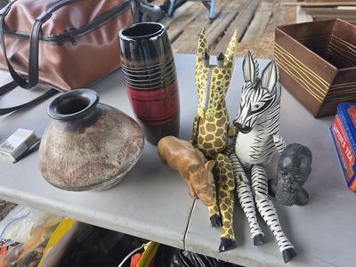 Assorted African Decor Collection - Hand-Carved Wooden Animals and Vases