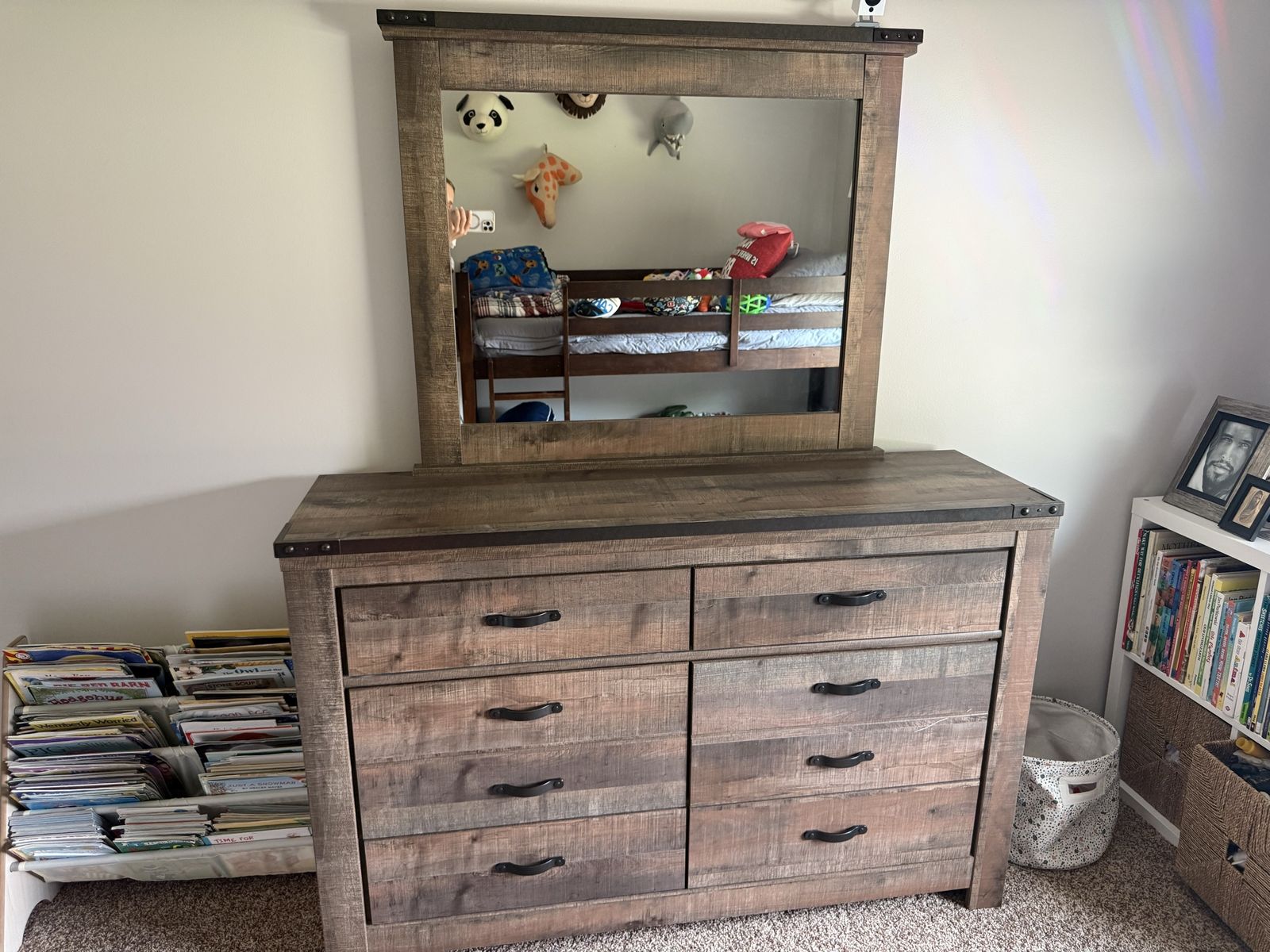 Rustic Wood Dresser Mirror, twin bed frame and nightstand.