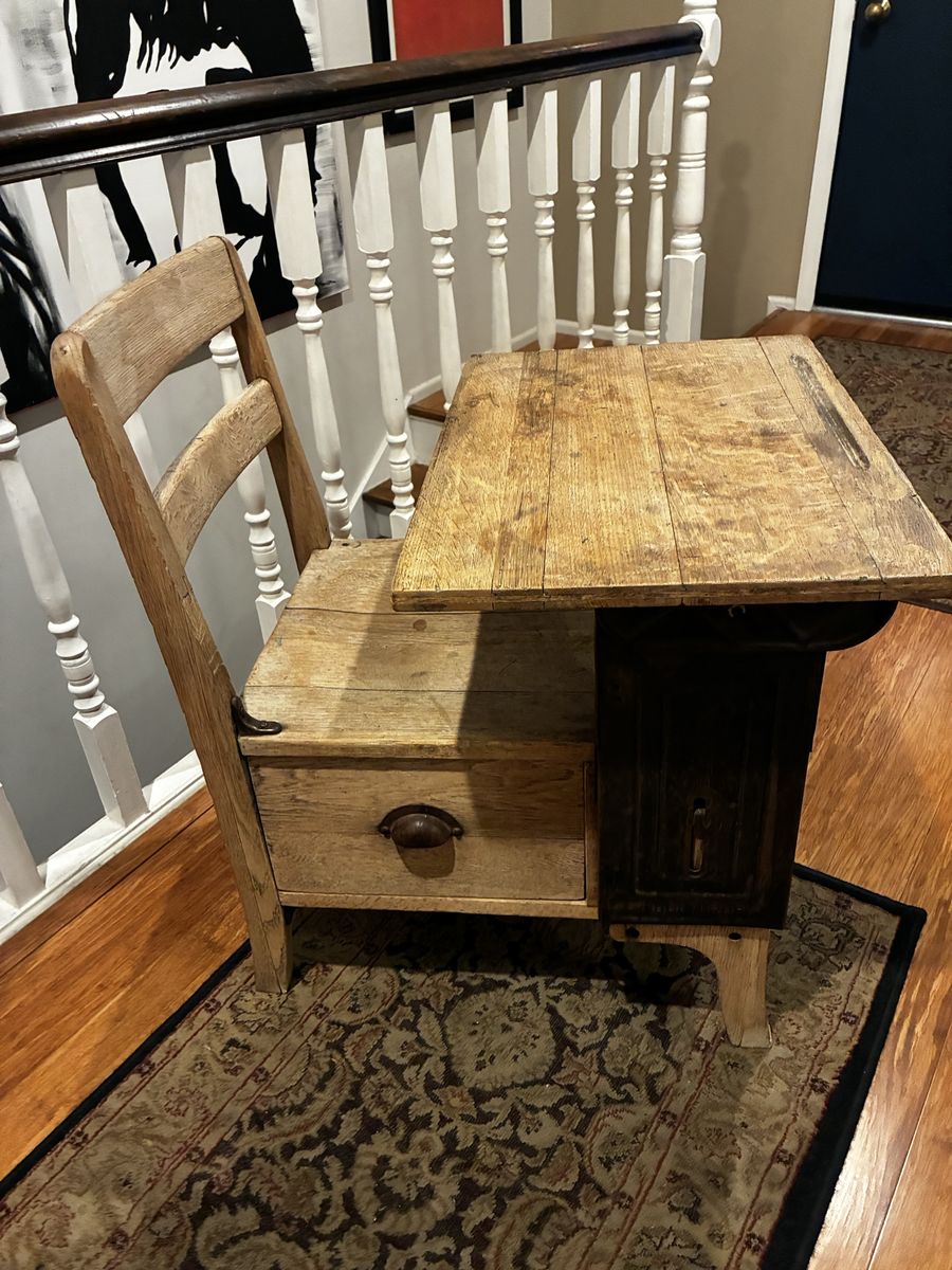 Vintage Child's School Desk with Attached Chair & Storage Drawer - Unique Rustic Furniture Piece
