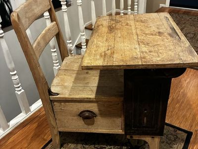 Vintage Child's School Desk with Attached Chair & Storage Drawer - Unique Rustic Furniture Piece