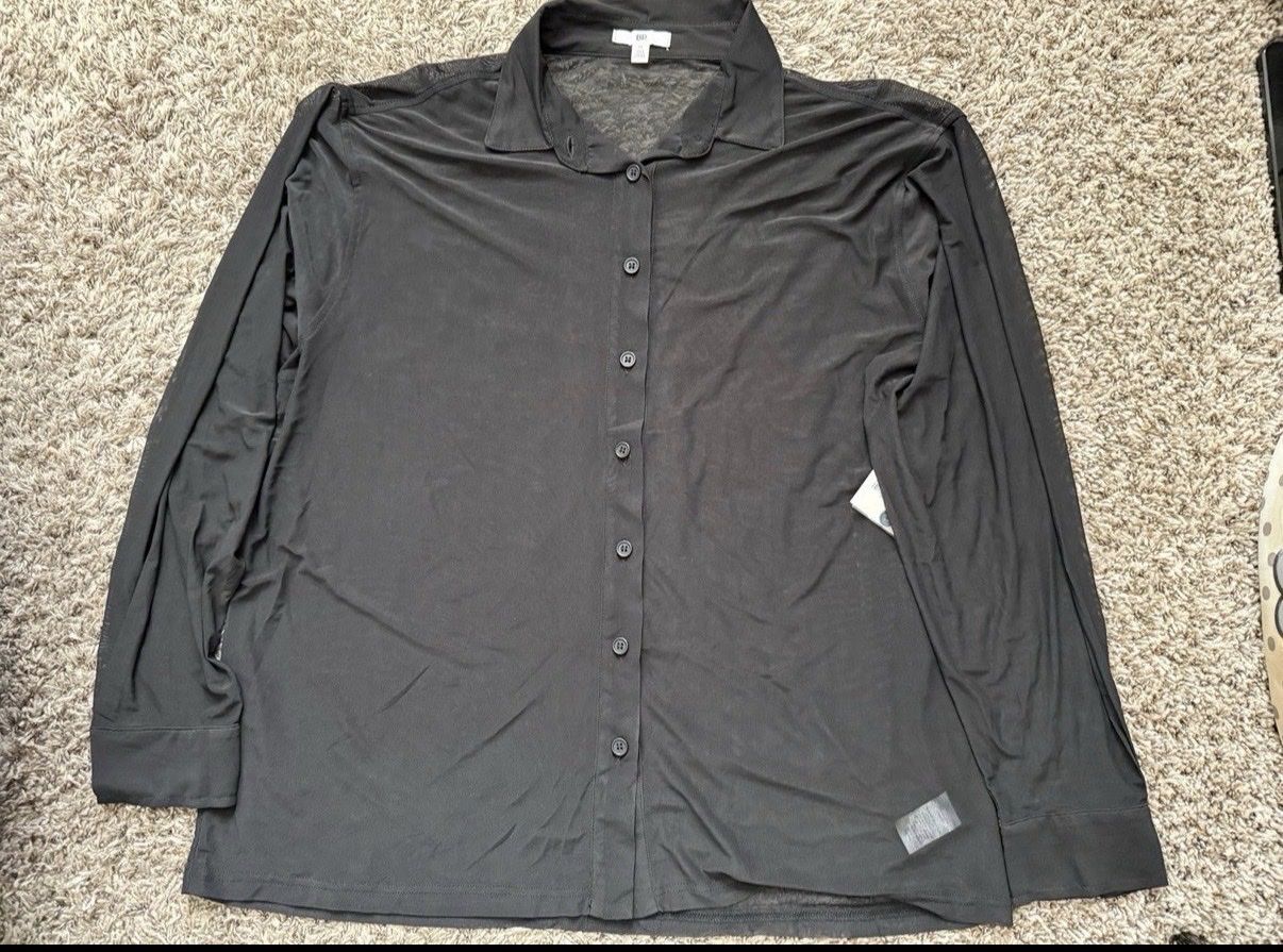 BP.  Black mesh long sleeve button down shirt size