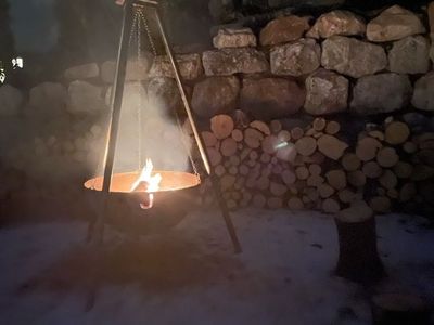 Custom fabrication, custom metal railing and hanging cauldron fire pits