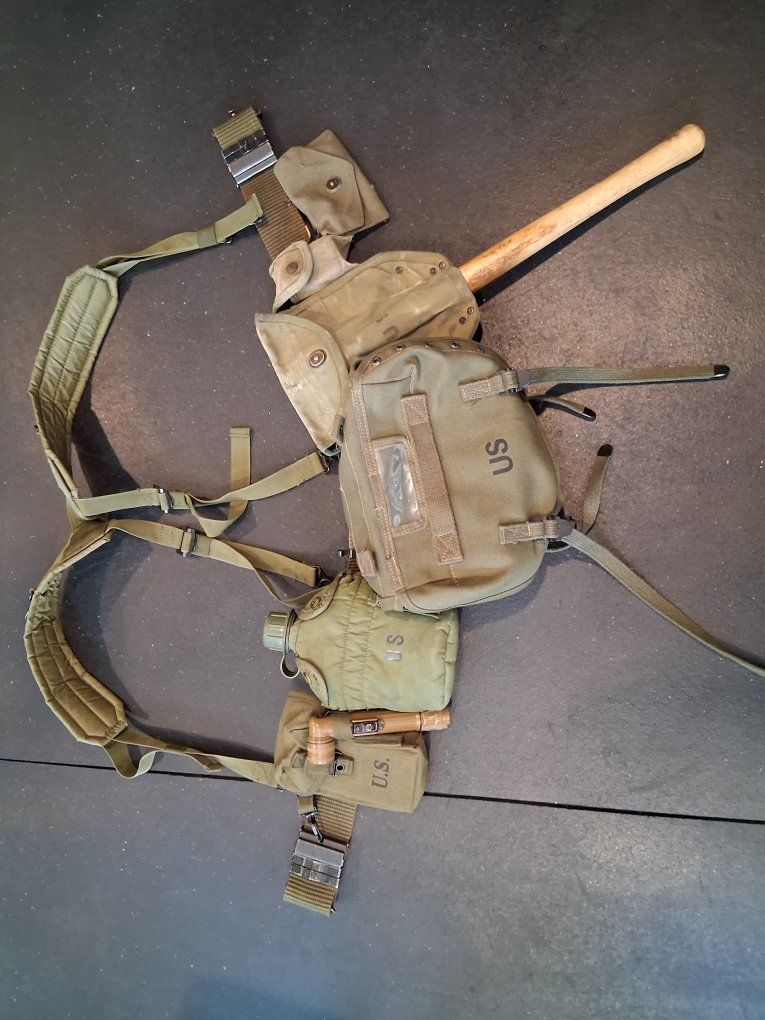 Alice Webbing Gear With Vintage US Military M-1943 Entrenching Tool Carrier & Canteen Cover Set 1957