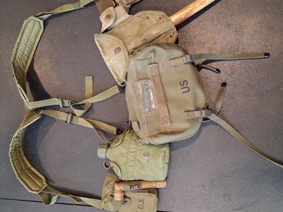 Alice Webbing Gear With Vintage US Military M-1943 Entrenching Tool Carrier & Canteen Cover Set 1957