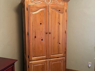 Solid Wood Armoire Wardrobe with Decorative Carvings - Excellent Condition