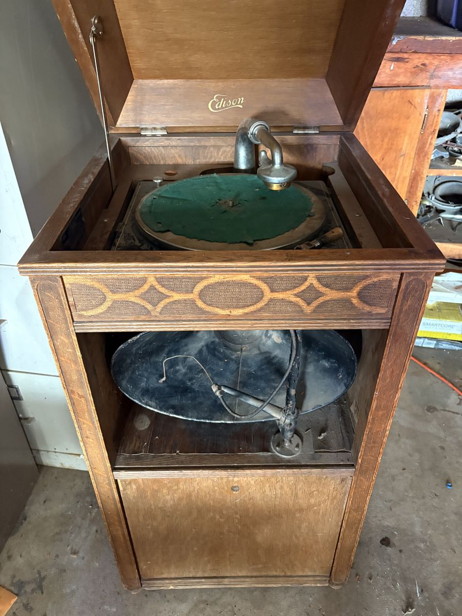 Antique Edison Phonograph Player in Wood Cabinet - Vintage Record Player Collector's Item