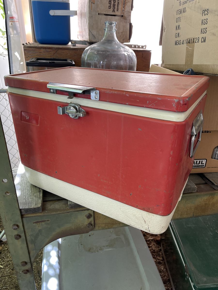Vintage Metal Cooler Chest Red and White Camping Picnic Box