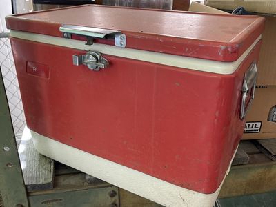 Vintage Metal Cooler Chest Red and White Camping Picnic Box