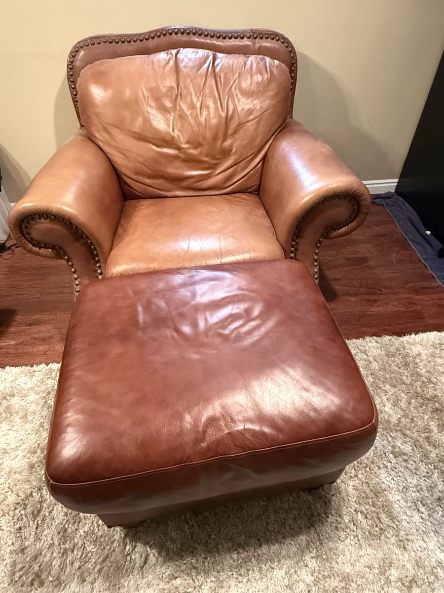 Leather Brown Lounge Chair with Ottoman