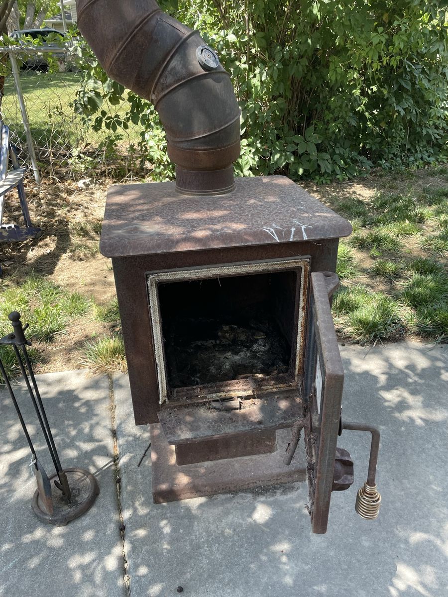 Vintage Cast Iron Wood Burning Stove with Flue Pipe & Fireplace Tools