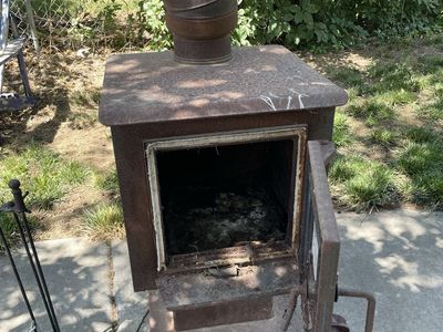 Vintage Cast Iron Wood Burning Stove with Flue Pipe & Fireplace Tools