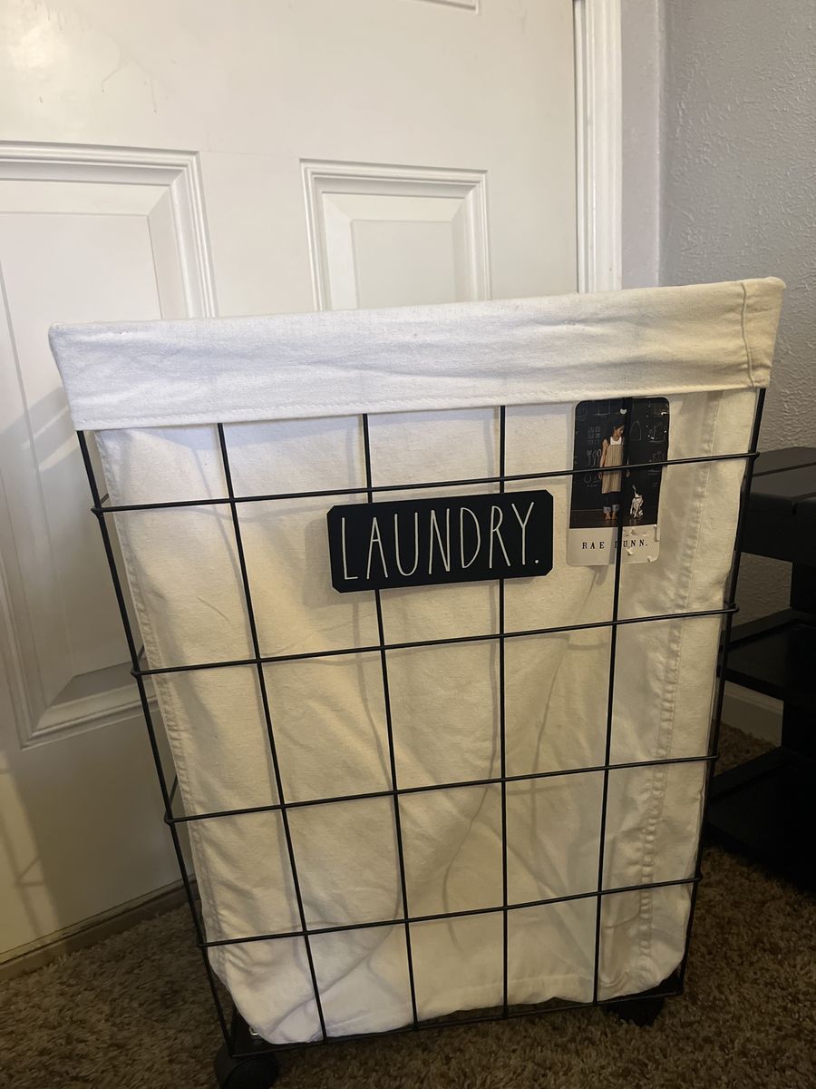 Rae Dunn Rolling Metal Wire Laundry Hamper Cart with Fabric Liner