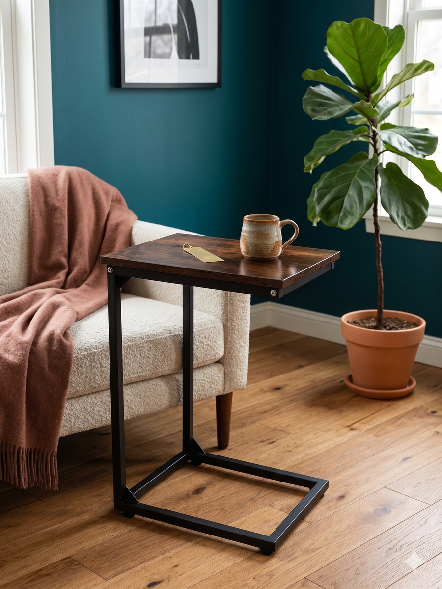 C-Shaped Sofa Side Table – Wood Top & Black Metal Frame