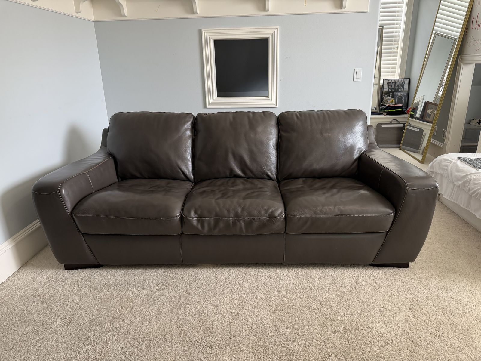 Dark Grey Leather 3-Seater Sofa with Contrast Stitching