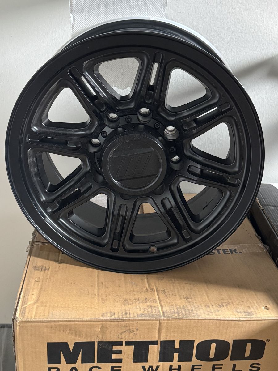Set of four wheels never mounted. No lug nuts just rims