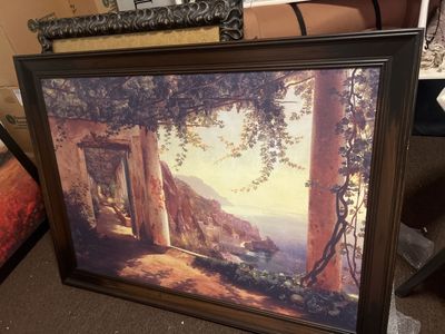 Set of 2 Large Framed Mediterranean Seascape Wall Art Print, 54x40.5 inches, Coastal Cliff View