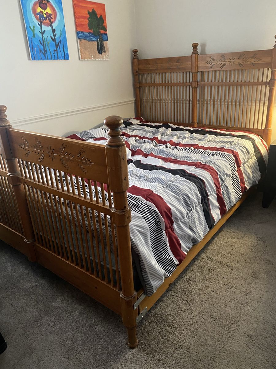 Beautiful 3 piece antique inspired “Virginia House” bedroom set - Queen bed, large dresser with mirror, TV cabinet with drawers