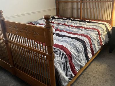 Beautiful 3 piece antique inspired “Virginia House” bedroom set - Queen bed, large dresser with mirror, TV cabinet with drawers