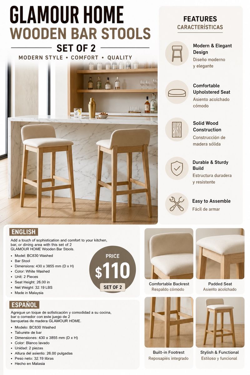Glamour Home BC830 Bar Stool White Washed Wood Upholstered Set of 2 New
