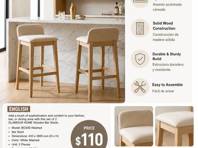 Glamour Home BC830 Bar Stool White Washed Wood Upholstered Set of 2 New