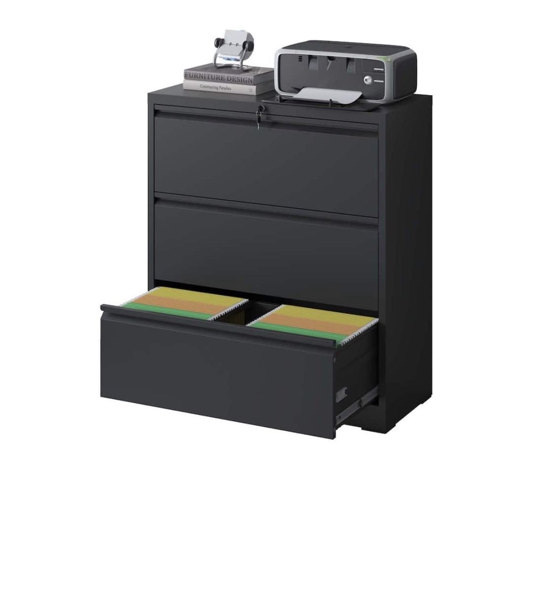 Sleek Modern 3-Drawer Lateral Filing Cabinet - Black Metal