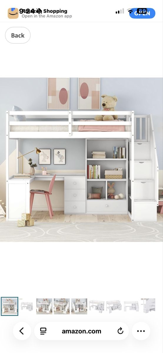White twin loft bed with stairs, desk and storage