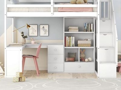 White twin loft bed with stairs, desk and storage