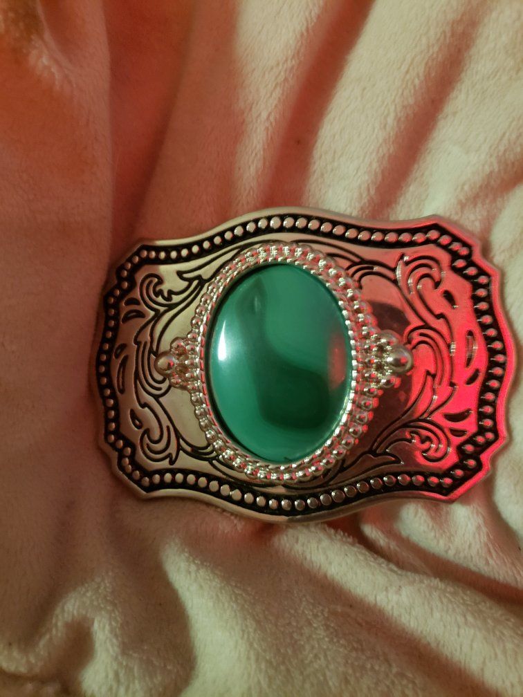 Western Silver Tone Belt Buckle with onxy Green  Center Stone